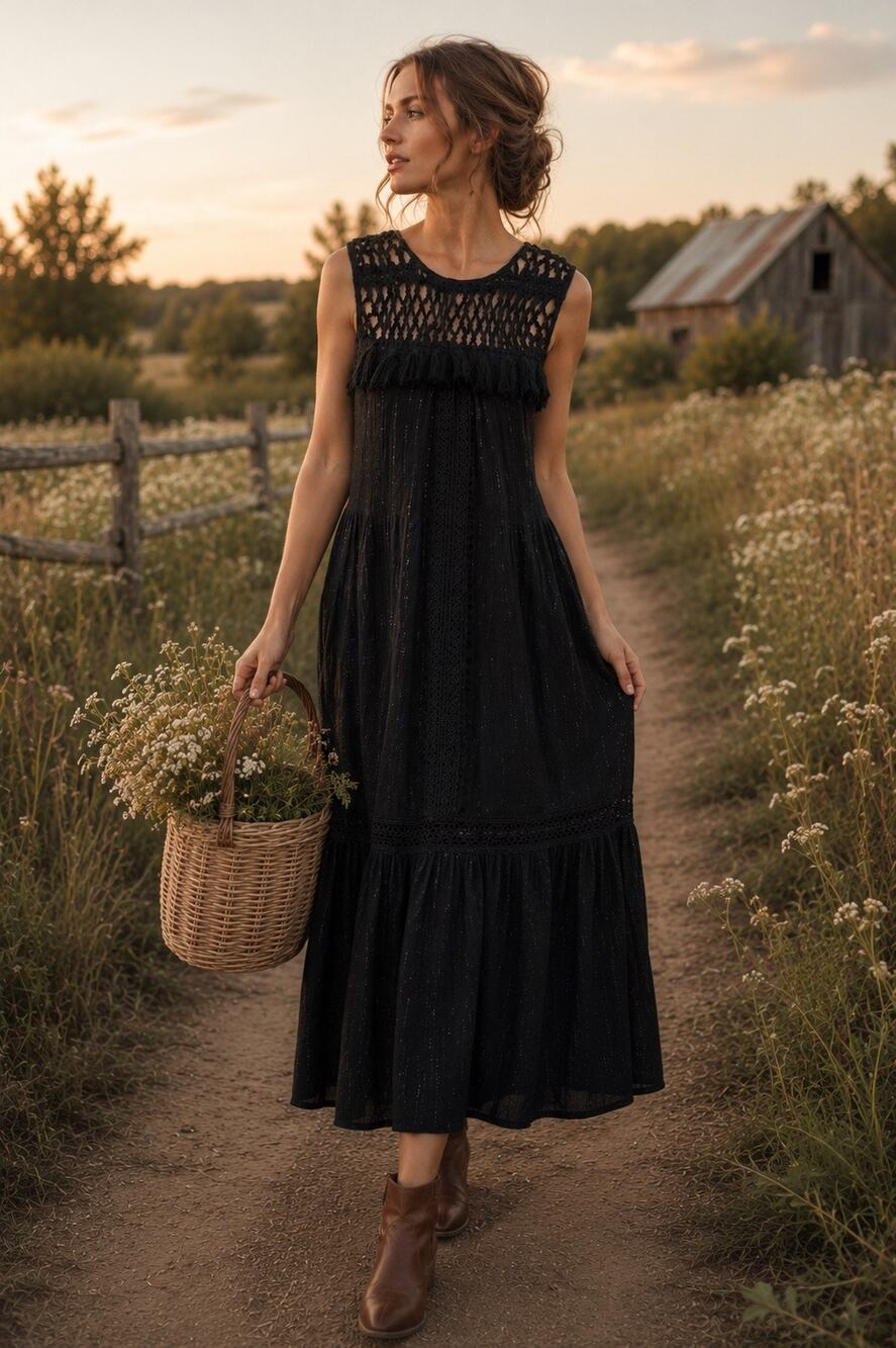Maeve Black Crochet Tassel Tiered Midi Dress Prairie Boho Cottagecore Size Small